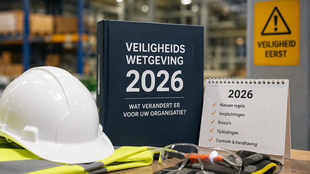 Werknemer in veiligheidsvest en helm bedient een heftruck in een magazijn tijdens een veiligheidsopleiding